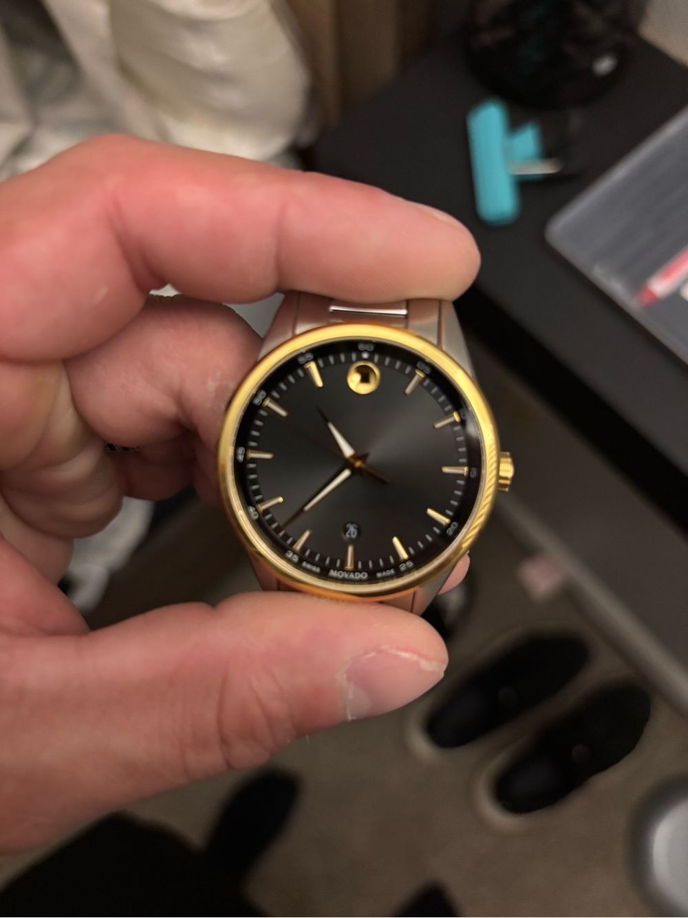 Movado Black Dial Gold Bezel Stainless Steel Bracelet Watch